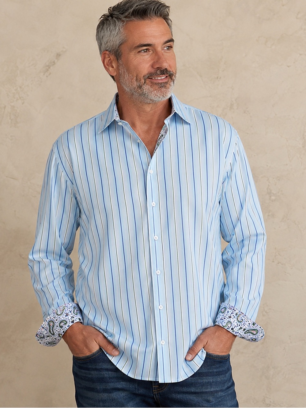 Robert Graham 3XL Blue Striped Flip Cuff Button Front Shirt Paisley Trim Cotton